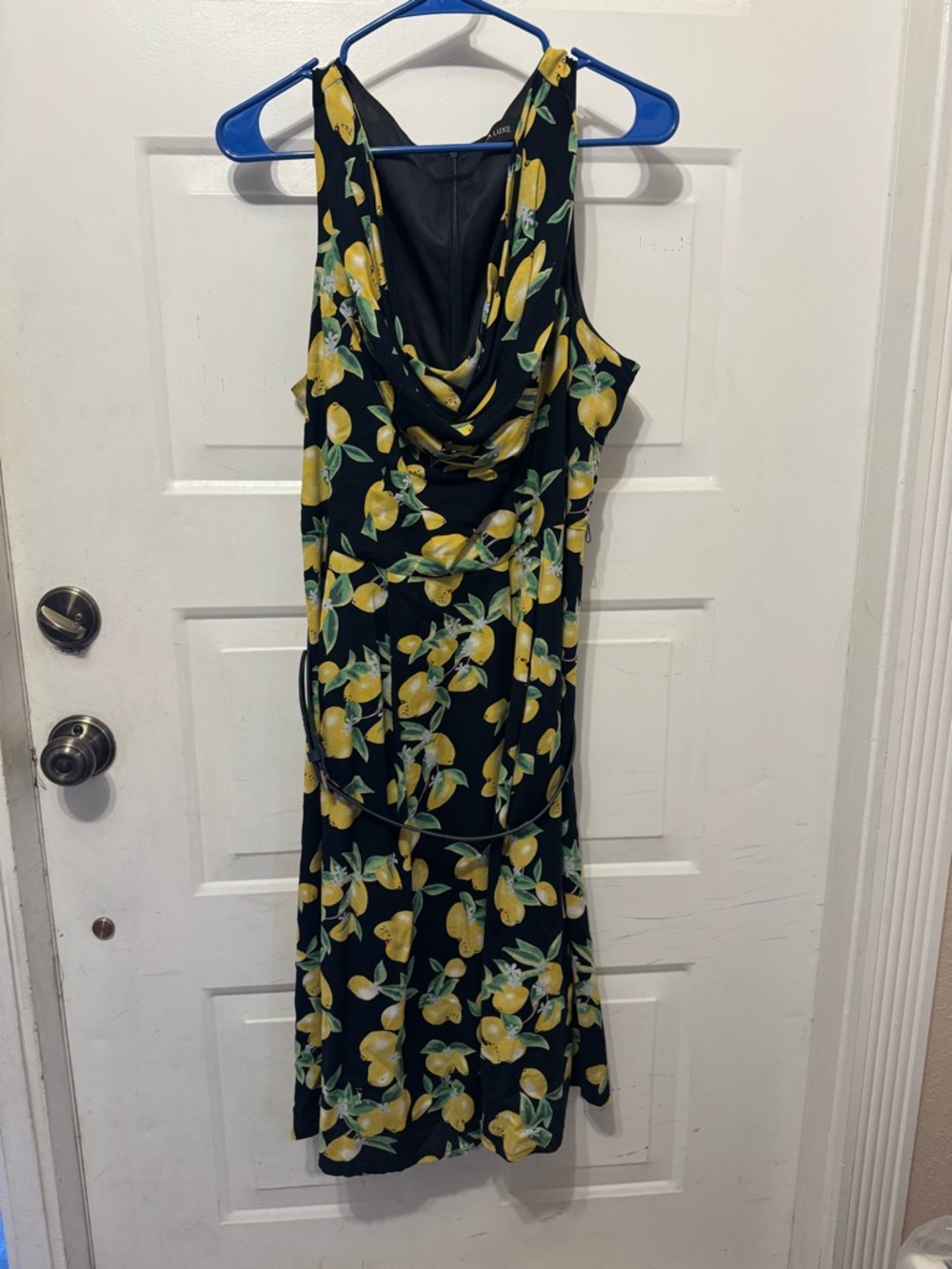 ModCloth Liza Luxe Lemon Print Midi Dress 1X Black Retro Cowl Neck + Belt